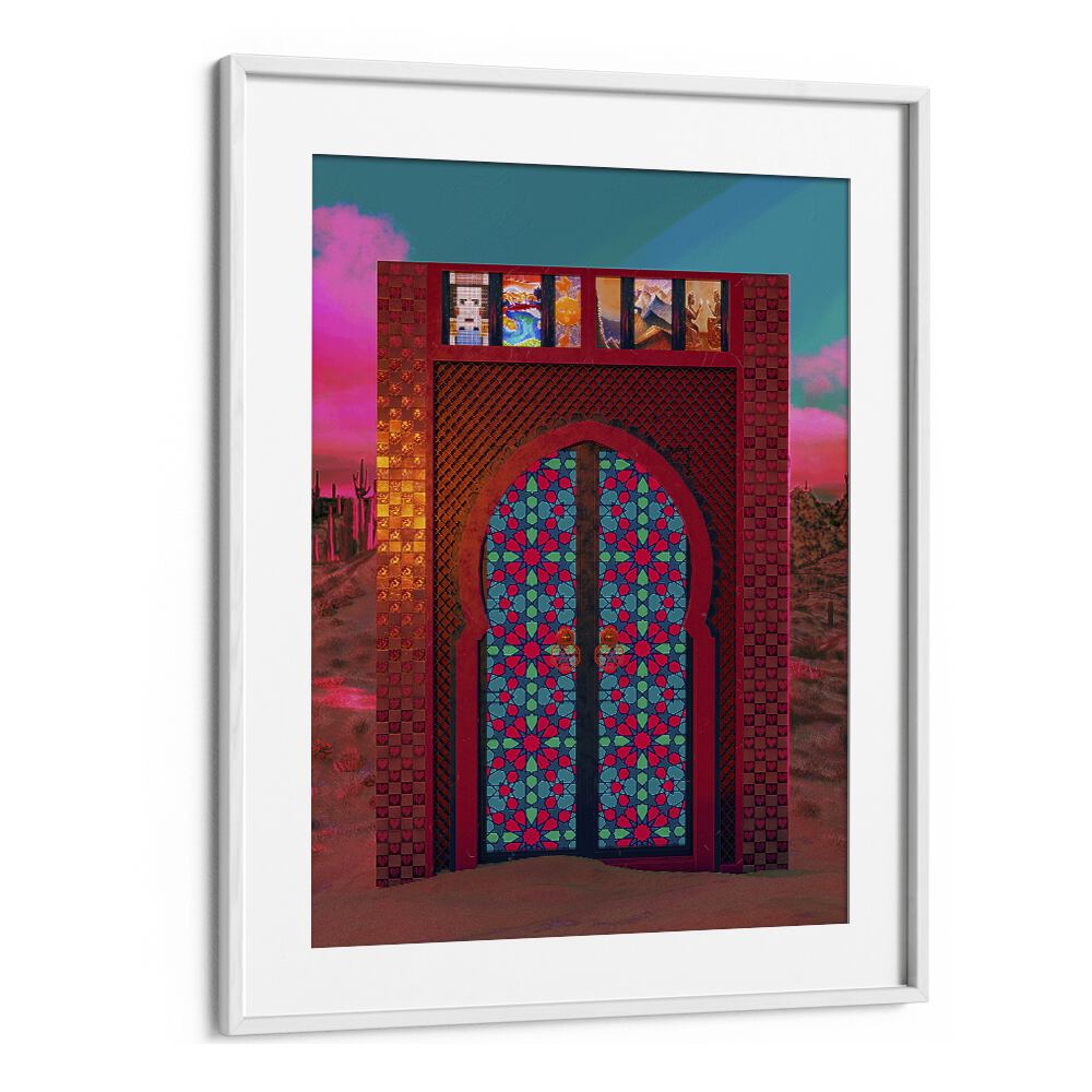 KHALID'S DOOR, SURREAL ART PRINTS by Cosmo Zach features a vibrant, intricate doorway framed in a stunning landscape.