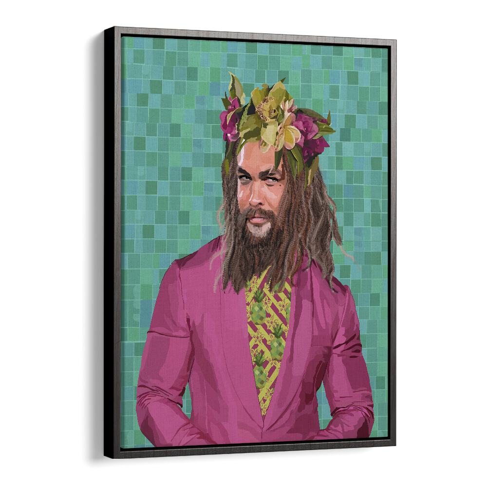 Colorful KING JASON, POP ART PAINTINGS by Lynnda Rakos in a sleek black floater frame, perfect for elevating your space.