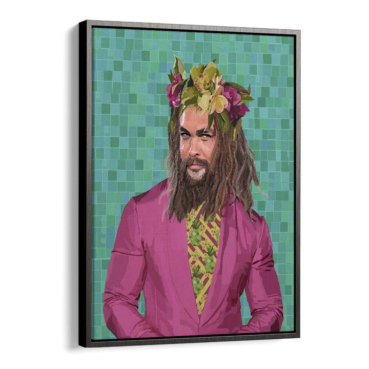 Colorful KING JASON, POP ART PAINTINGS by Lynnda Rakos in a sleek black floater frame, perfect for elevating your space.