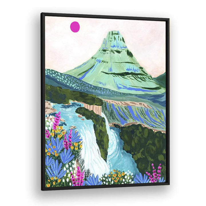 Stunning KIRKJUFELL, LANDSCAPE PAINTINGS by Sarah Gesek, capturing Iceland's beauty with vibrant colors and floral accents.