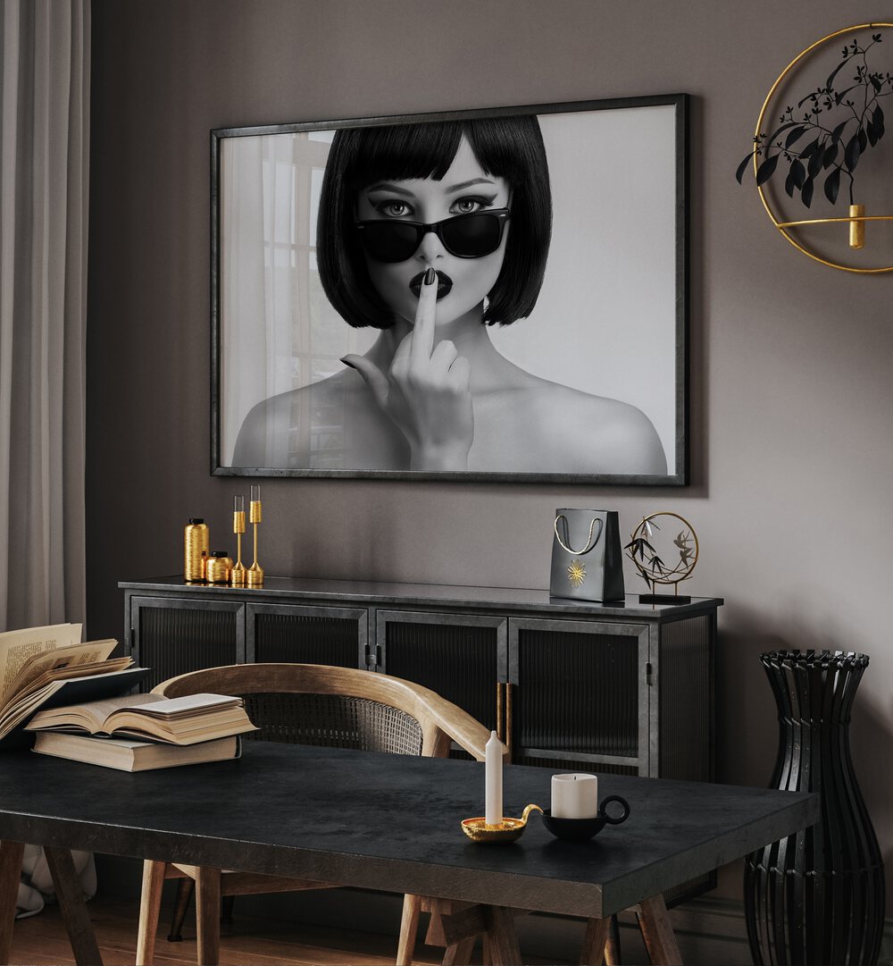Stylish interior featuring KISS THIS, PHOTOGRAPHY PRINTS by David Drake, showcasing a bold black-and-white portrait.