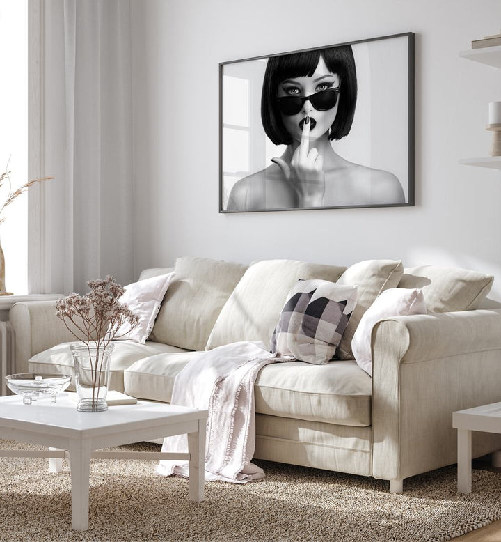 Elegant KISS THIS, PHOTOGRAPHY PRINTS by David Drake, showcasing a striking black-and-white art piece in a stylish setting.