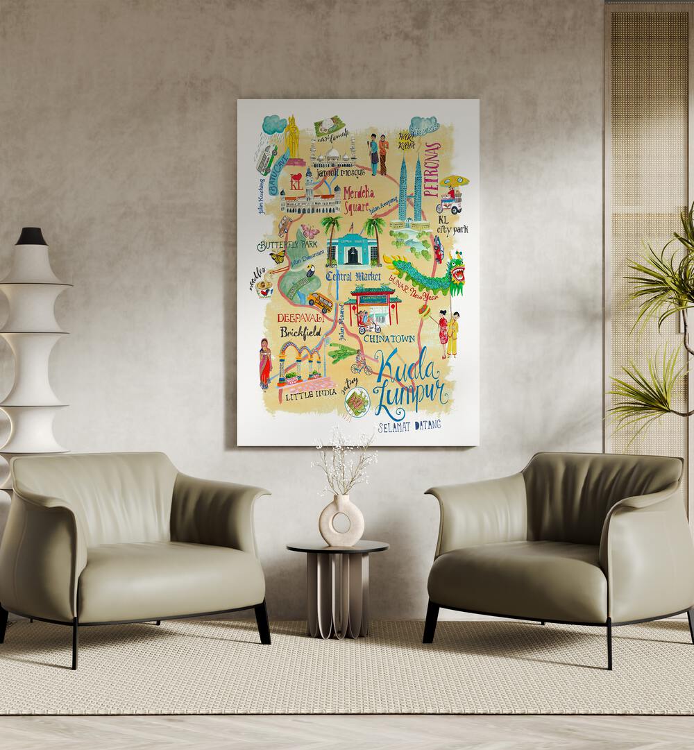 Colorful KUALA LUMPUR, TRAVEL POSTERS by Caroline Bonne Muller highlight the city's vibrant culture and landmarks.