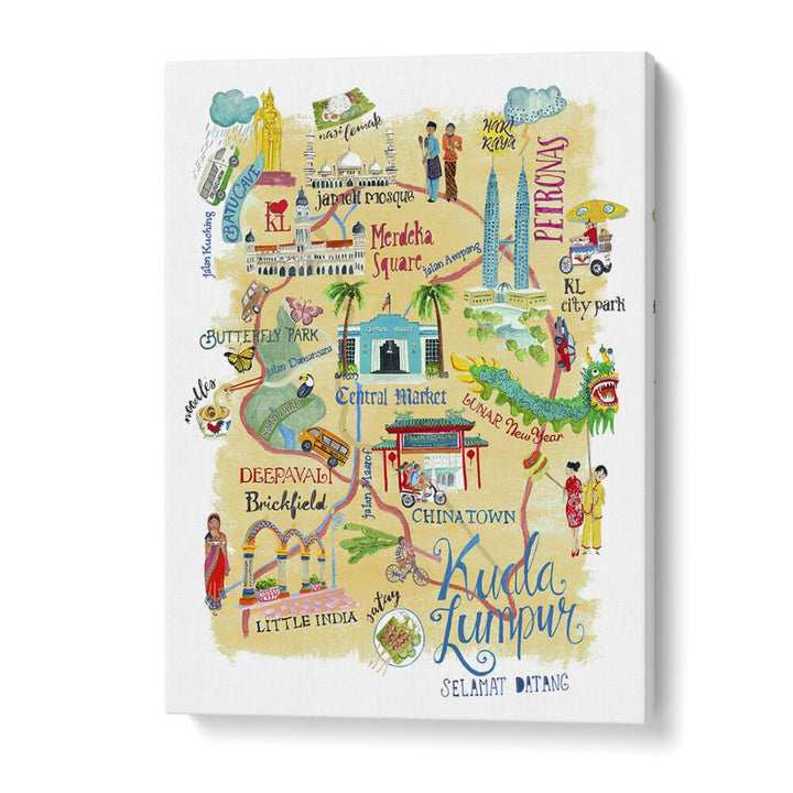 Colorful KUALA LUMPUR, TRAVEL POSTERS by Caroline Bonne Muller showcase the vibrant culture and landmarks of Malaysia's capital.