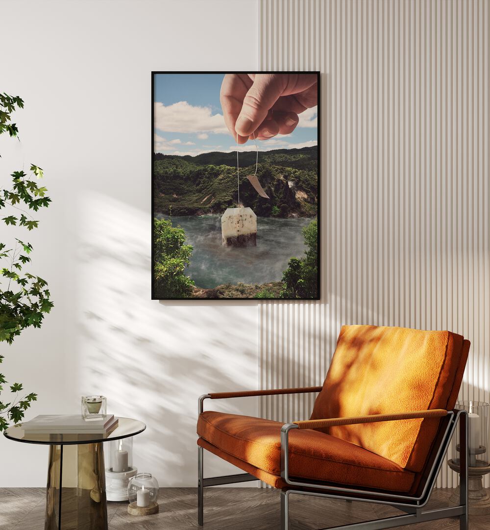 Experience "Lake Afternoon Tea, Surreal Art Prints" by Vertigo Artography, capturing a dreamlike teabag scene.