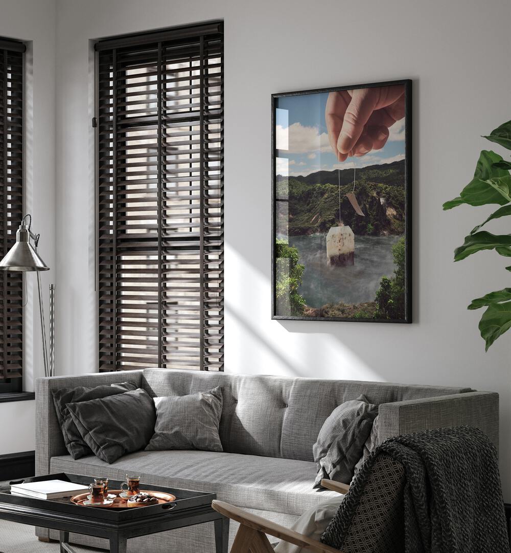 Stylish living room featuring the LAKE AFTERNOON TEA, SURREAL ART PRINTS by Vertigo Artography, enhancing the serene decor.