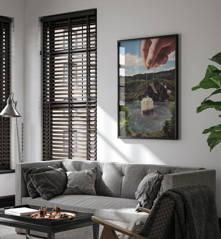 Stylish living room featuring the LAKE AFTERNOON TEA, SURREAL ART PRINTS by Vertigo Artography, enhancing the serene decor.