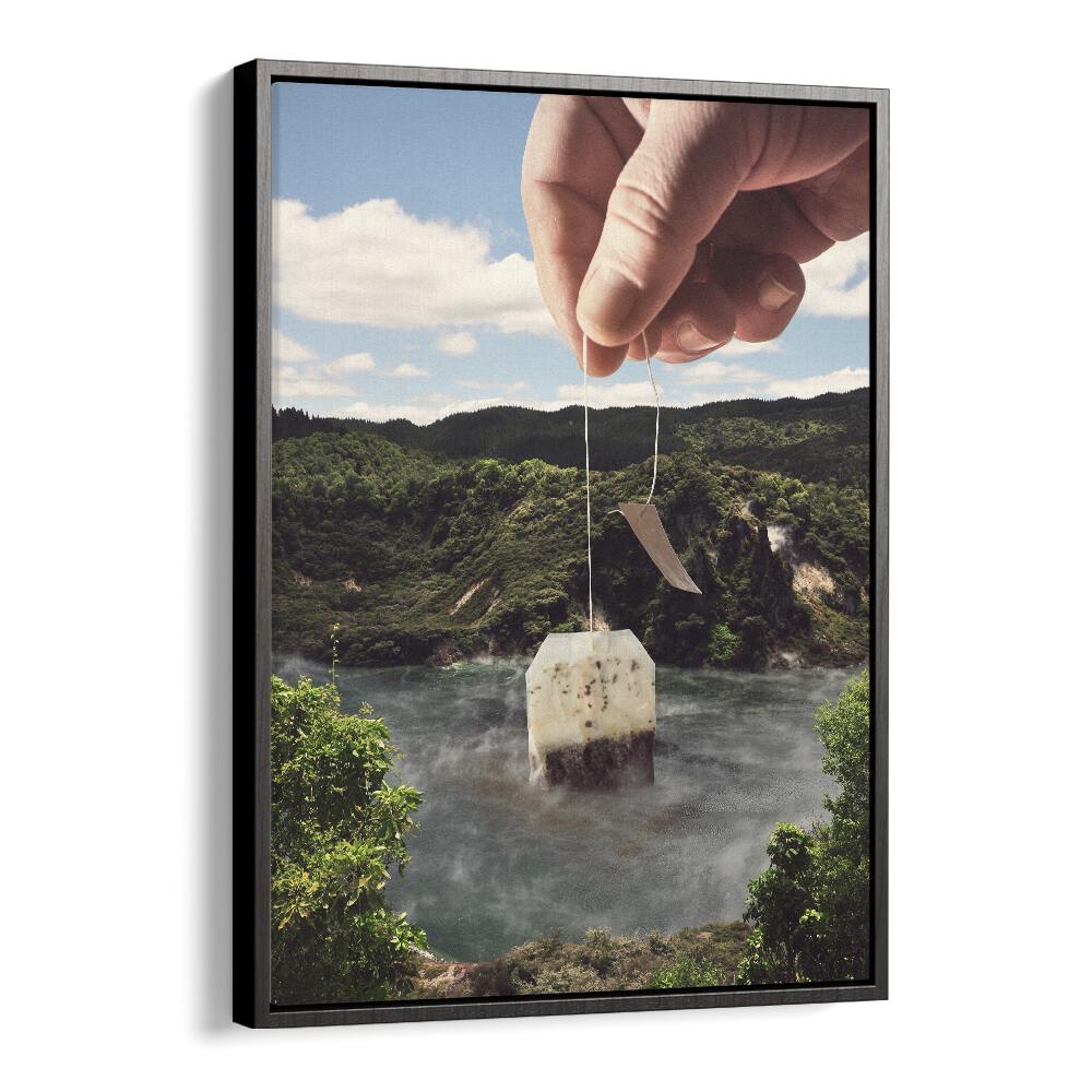 Hand placing a teabag in a serene lake scene, showcasing LAKE AFTERNOON TEA, SURREAL ART PRINTS by Vertigo Artography.
