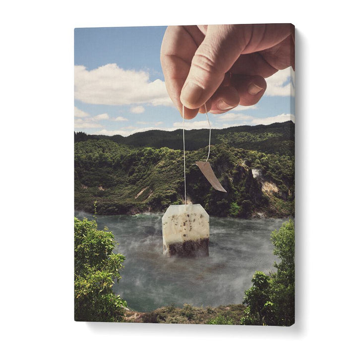 Surreal art print "Lake Afternoon Tea" features a teabag over a dreamy lake landscape, perfect for any art lover.