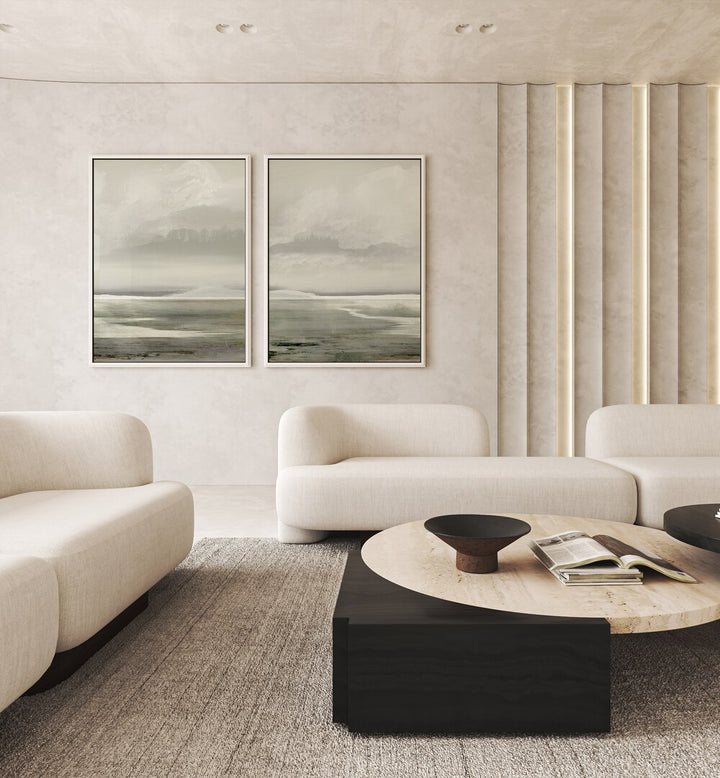 Transform your space with the LAKES SET, SET OF 2 PAINTINGS, featuring serene lake landscapes in soft hues.