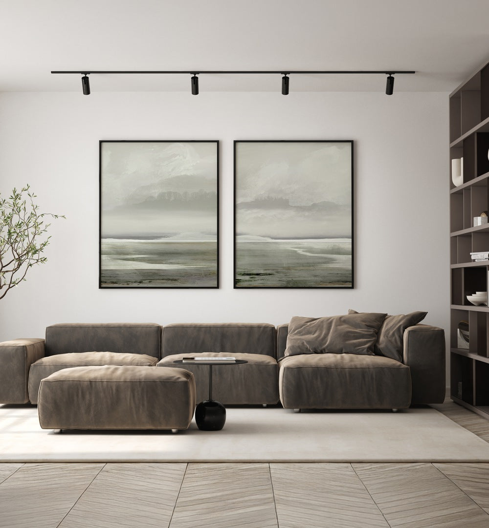 Enhance your decor with the LAKES SET, SET OF 2 PAINTINGS, featuring serene lake landscapes in soft tones.