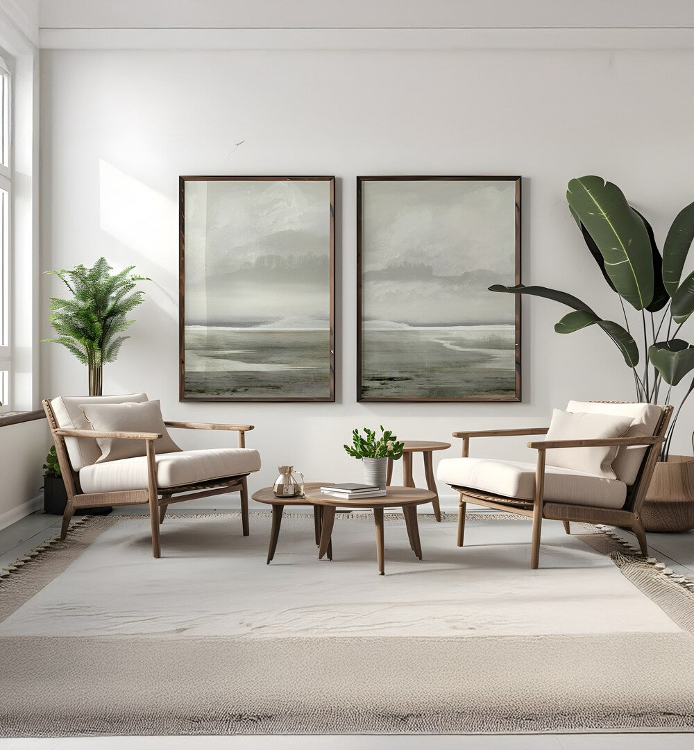 Transform your space with the LAKES SET, SET OF 2 PAINTINGS, showcasing serene misty lake landscapes.