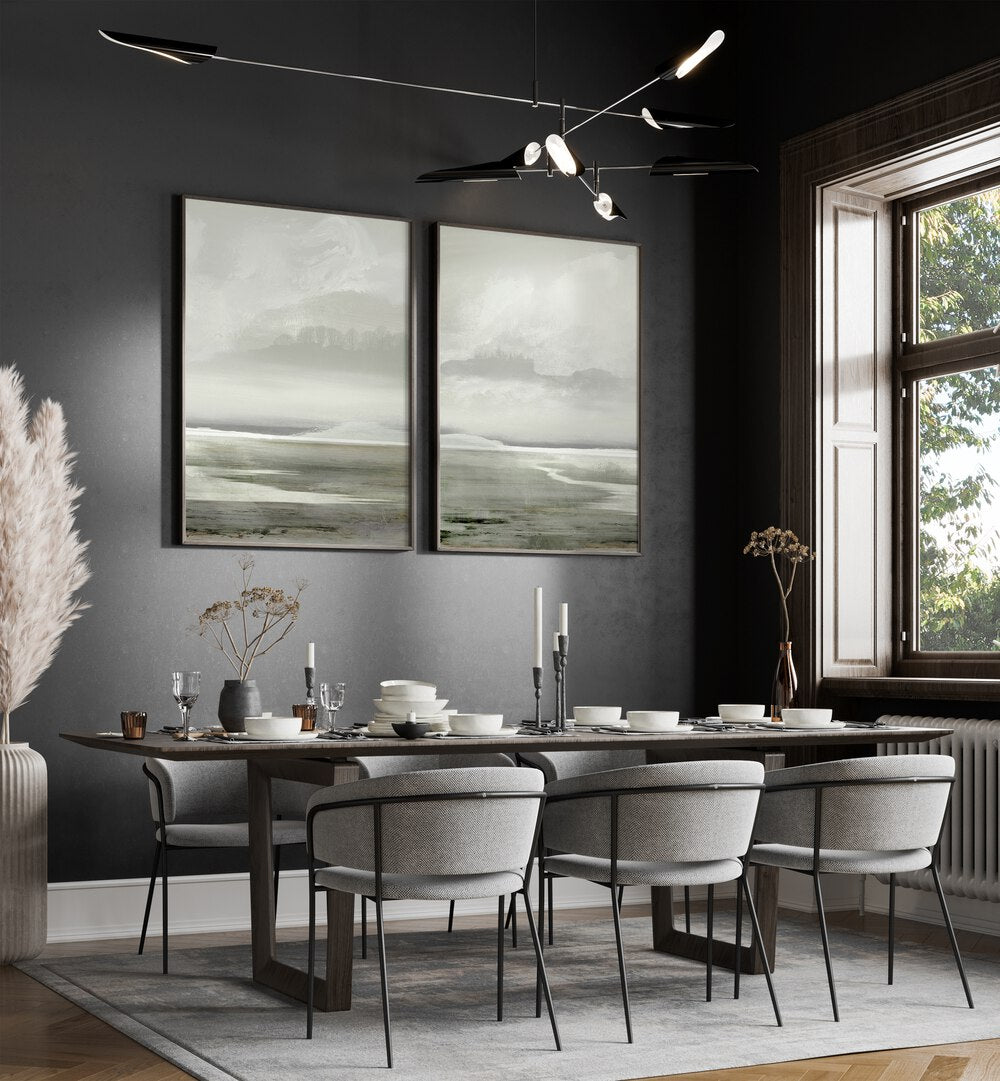 Elegant LAKES SET, SET OF 2 PAINTINGS enhances your space with serene lake landscapes in soft, tranquil hues.