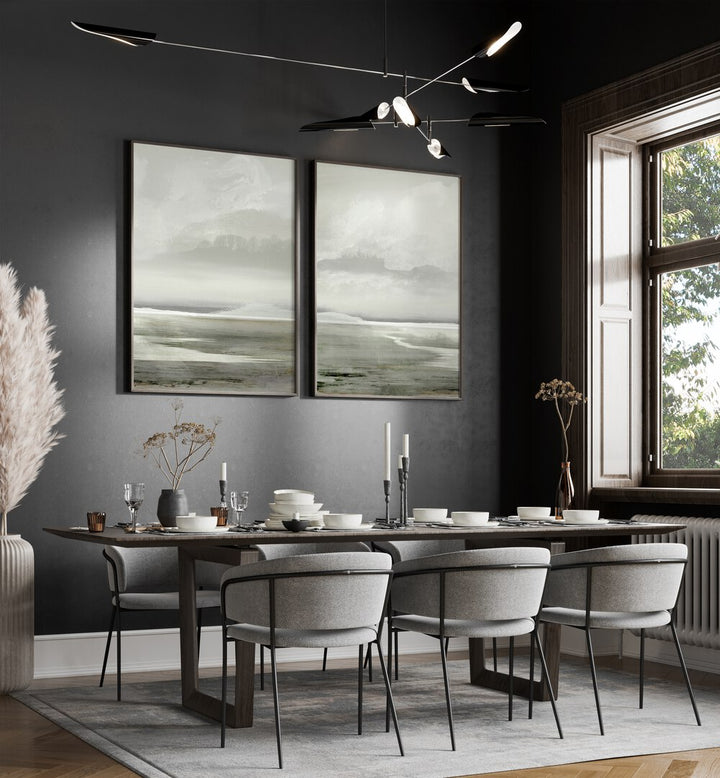 Elegant LAKES SET, SET OF 2 PAINTINGS enhances your space with serene lake landscapes in soft, tranquil hues.