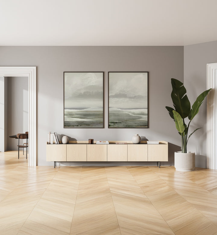 Transform your space with the LAKES SET, SET OF 2 PAINTINGS featuring serene lake landscapes in soft hues.