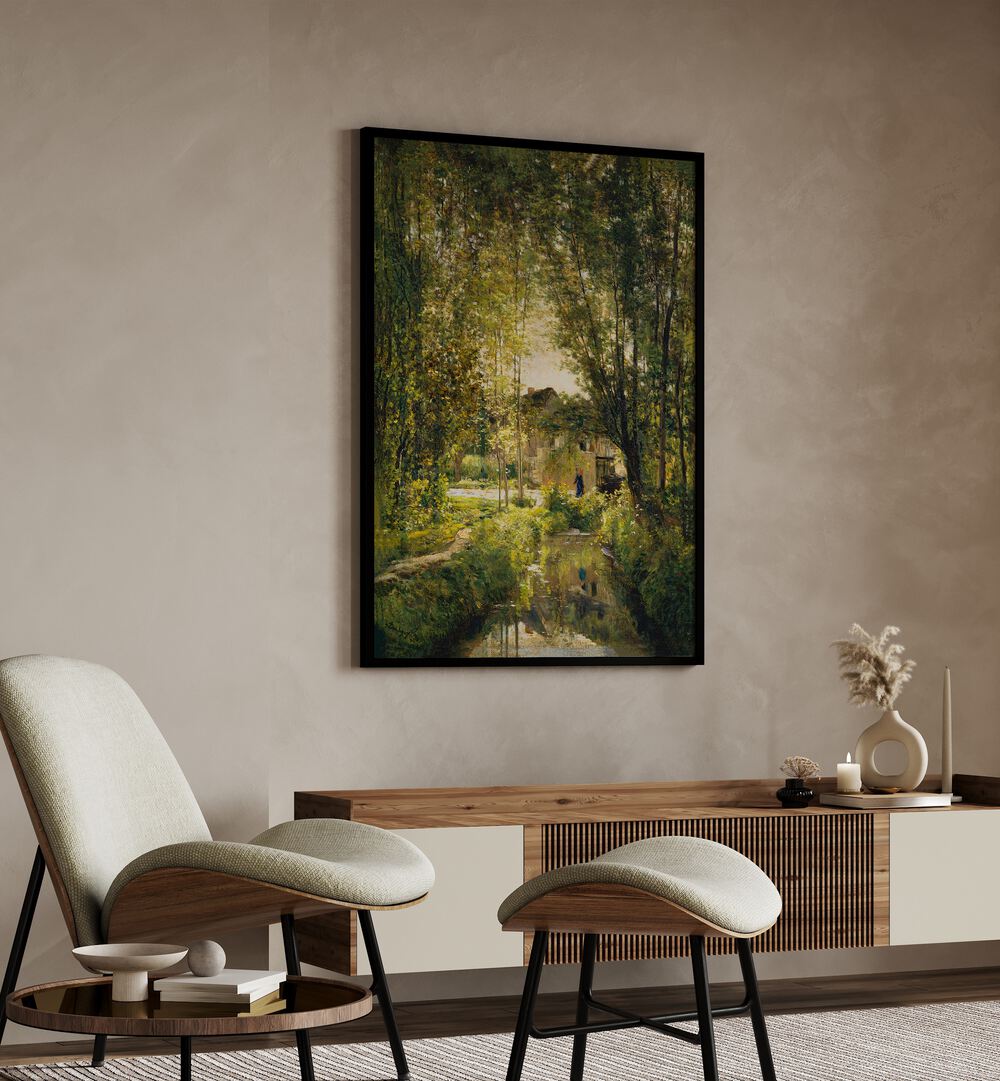 Serene "Landscape with a Sunlit Stream, Vintage Paintings" artwork, beautifully capturing nature’s tranquility.