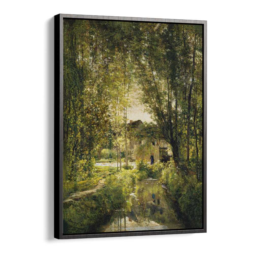 Serene "Landscape with a Sunlit Stream, Vintage Paintings" capturing nature's beauty in a black floater frame.