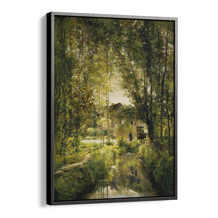 Serene "Landscape with a Sunlit Stream, Vintage Paintings" capturing nature's beauty in a black floater frame.