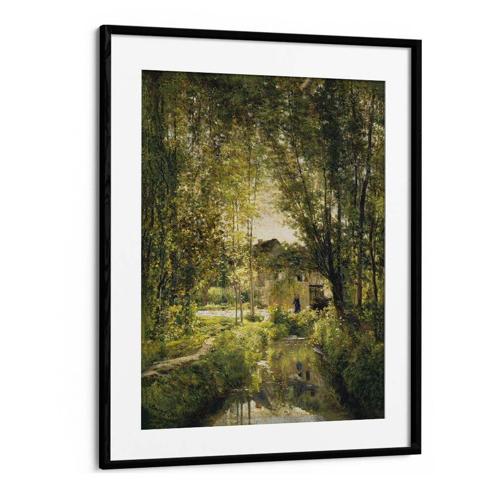 Serene "Landscape with a Sunlit Stream, Vintage Paintings" showcasing nature's beauty in a stylish black frame.