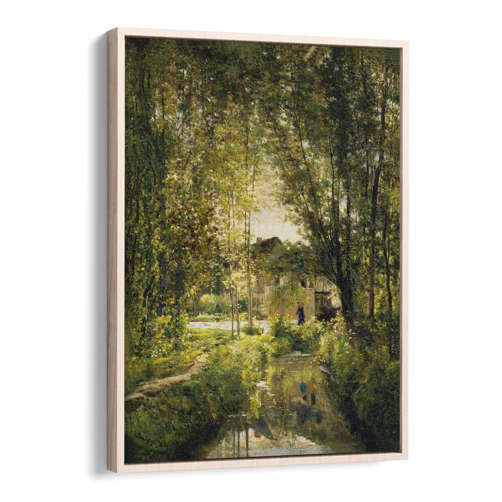 Serene vintage painting "Landscape with a Sunlit Stream," showcasing nature's beauty in vibrant hues. Perfect for your decor.