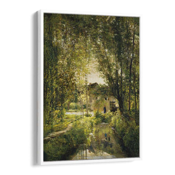 Serene landscape with a sunlit stream, showcasing vintage paintings that capture nature's tranquility.