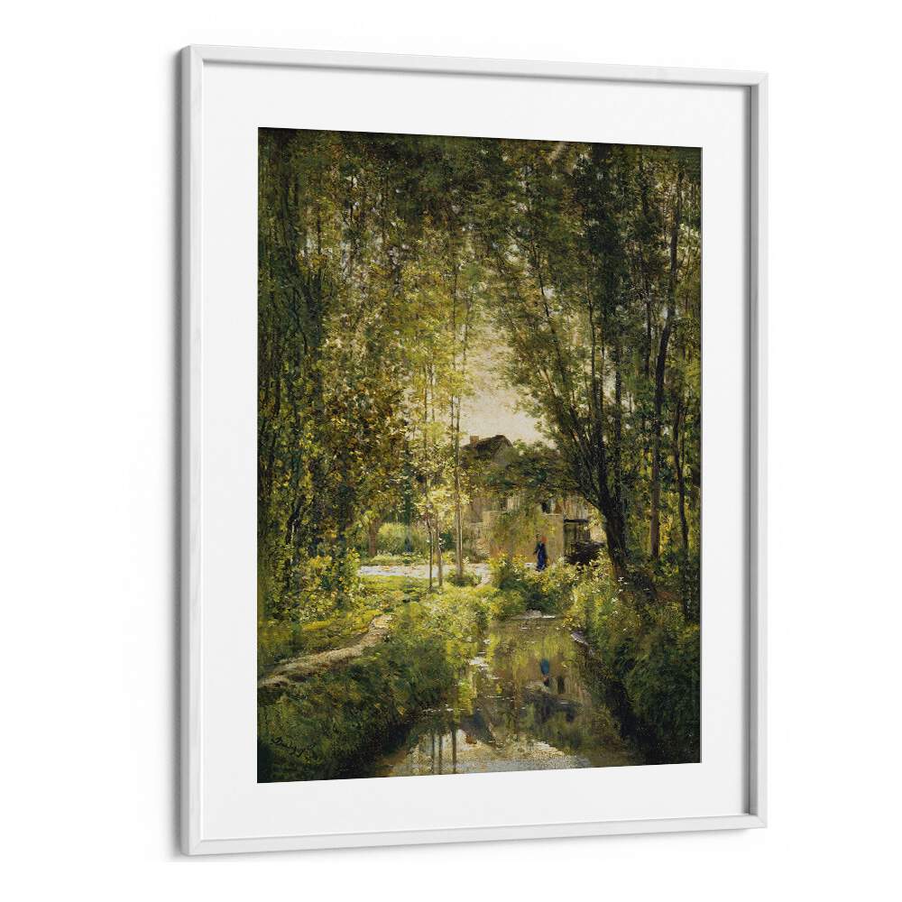 Vintage painting "Landscape with a Sunlit Stream" beautifully framed, showcasing nature's serenity and charm.
