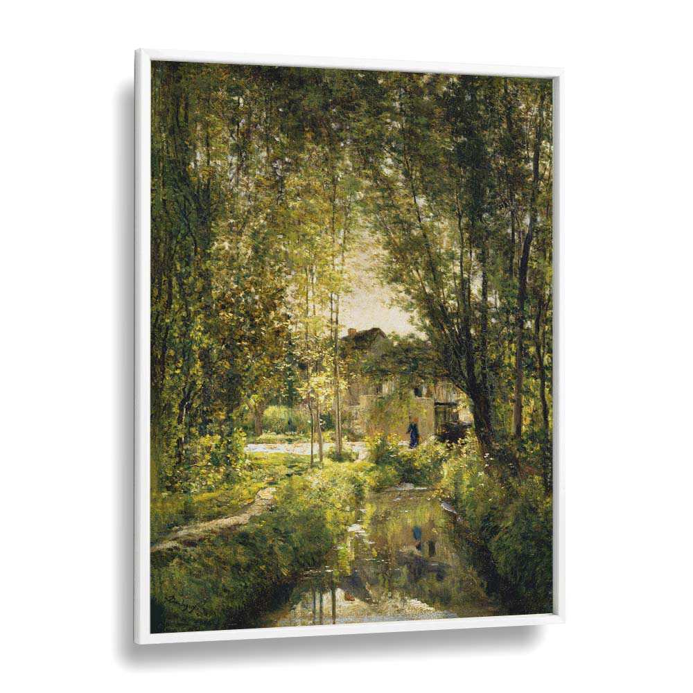Serene landscape with a sunlit stream, showcasing vintage paintings that capture nature's tranquil beauty.