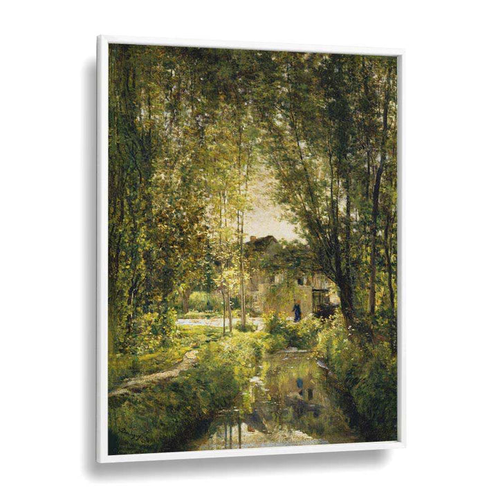 Serene landscape with a sunlit stream, showcasing vintage paintings that capture nature's tranquil beauty.