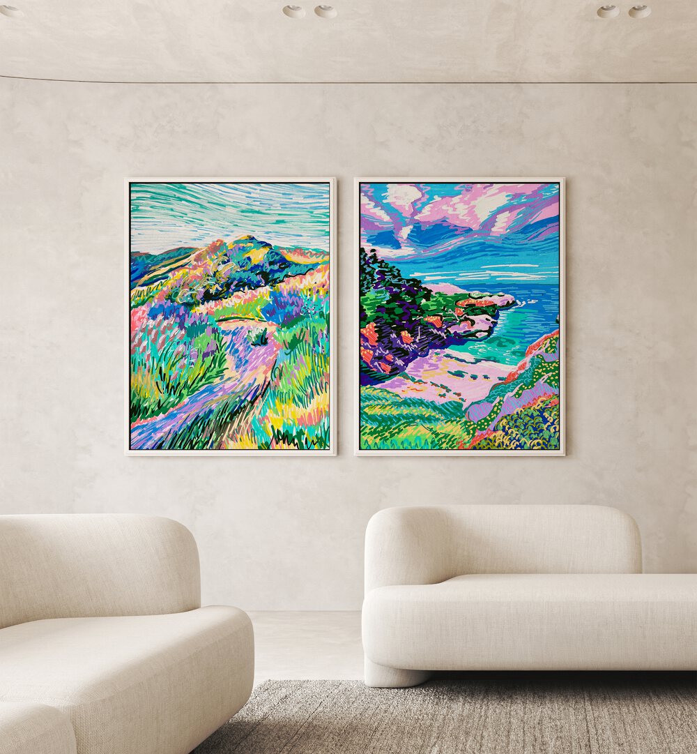 Bright and vibrant COVE BEACH SET, SET OF 2 PAINTINGS, perfect for adding coastal charm to your home decor.