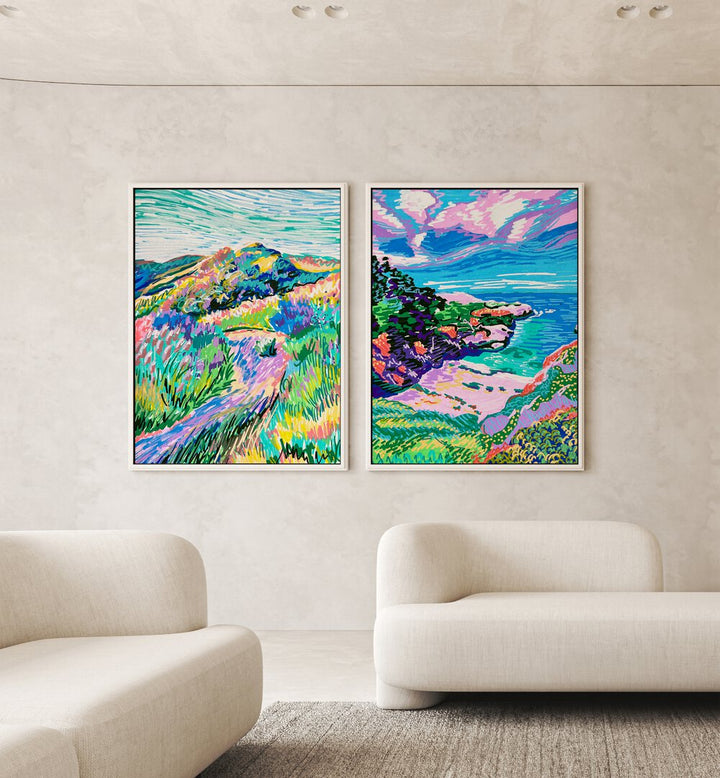 Bright and vibrant COVE BEACH SET, SET OF 2 PAINTINGS, perfect for adding coastal charm to your home decor.