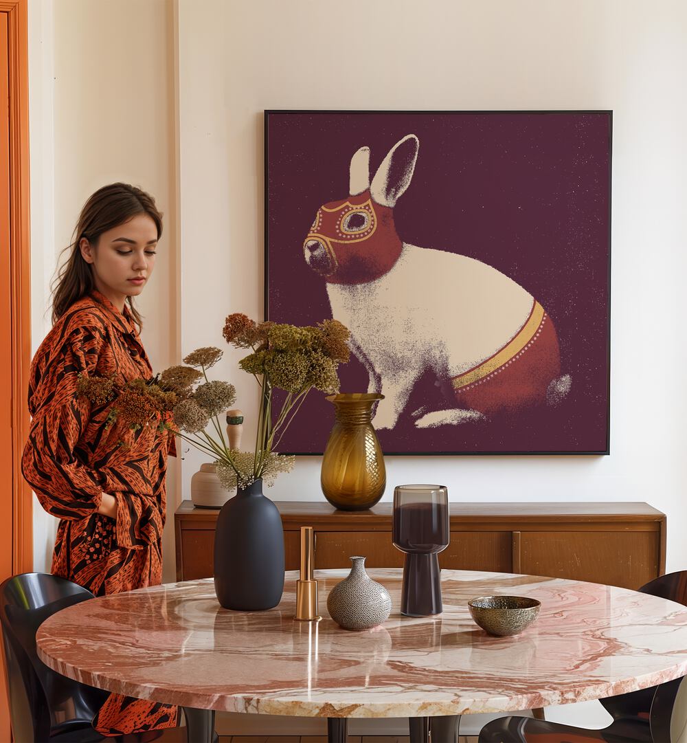 LAPIN CATCHEUR, ANIMAL PAINTINGS adorn a stylish room with a rabbit artwork and elegant decor elements.