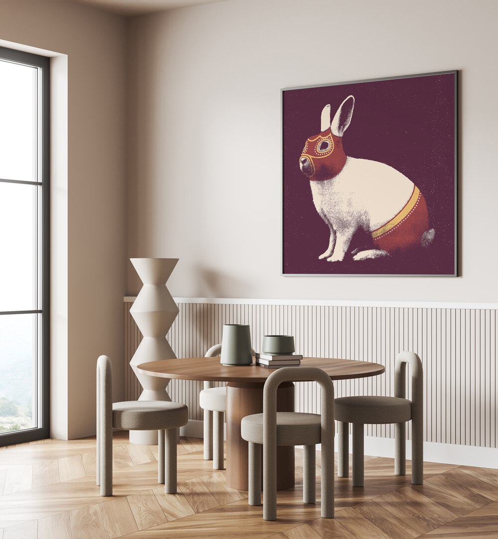 Stylish LAPIN CATCHEUR, ANIMAL PAINTINGS adorns a modern dining space, adding artistic flair to your decor.