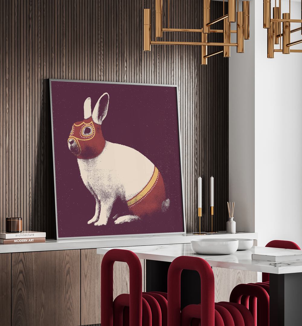 Colorful LAPIN CATCHEUR, ANIMAL PAINTINGS showcasing a whimsical rabbit in a stylish interior setting.