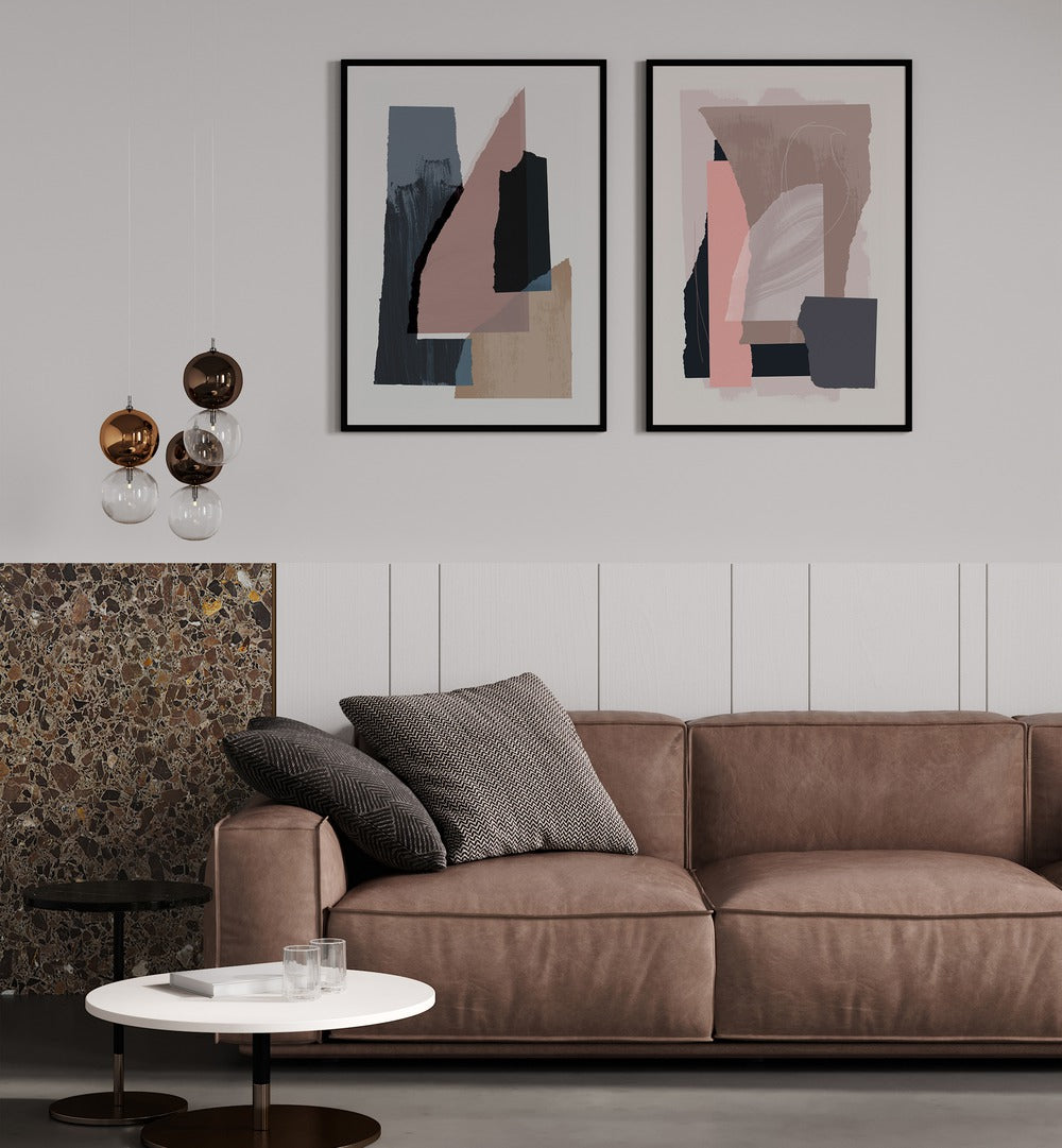 Enhance your decor with the LAYERED PIECES SET, SET OF 2 PAINTINGS, featuring elegant abstract designs.