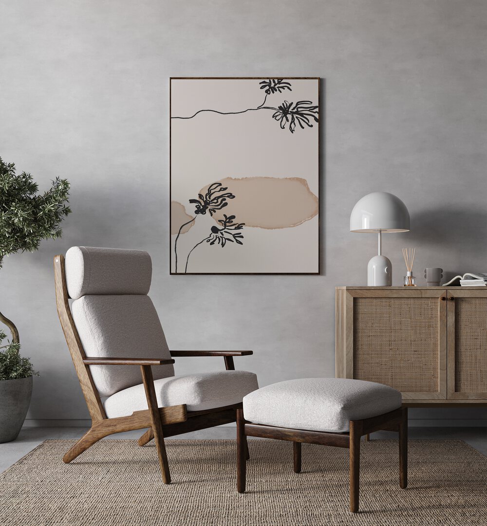 Stylish interior featuring LEAVES NO II, FLORAL FLOWER PAINTINGS, enhancing the serene ambiance of the space.