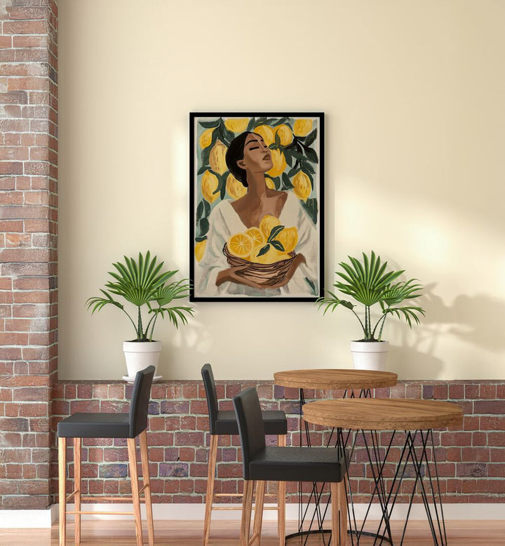 Brighten your space with LEMON TREE, PORTRAITS featuring vibrant lemons and a serene figure, perfect for any room.
