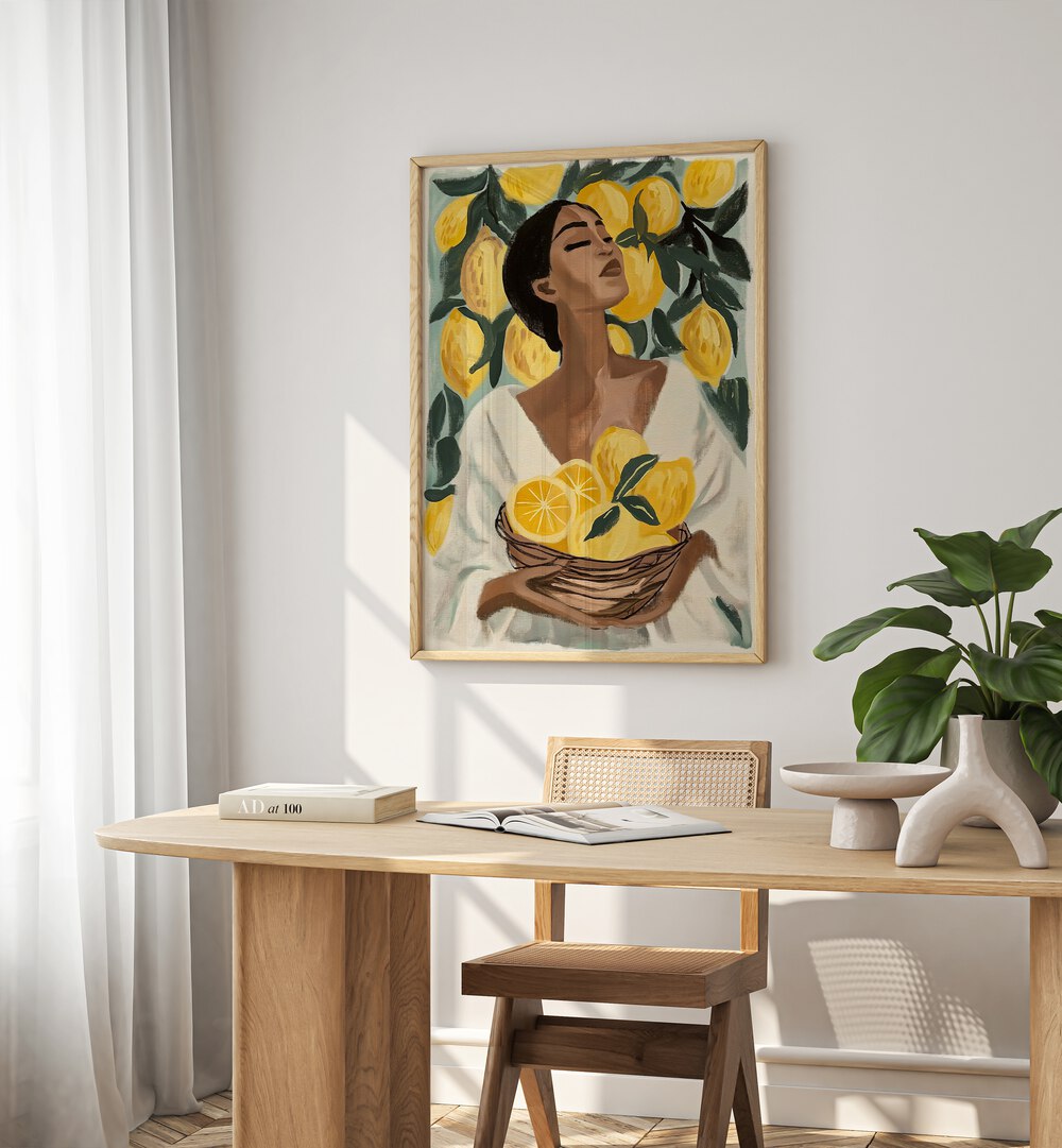 Vibrant LEMON TREE , PORTRAITS art print showcasing a woman with lemons, perfect for brightening your home decor.