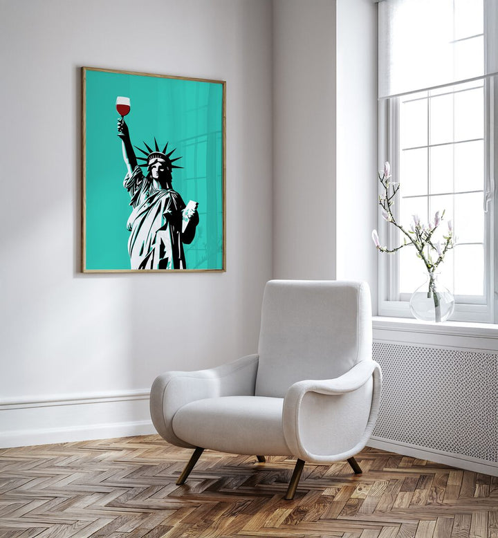 Celebrate LIBERTY OF WINE, POP ART PAINTINGS featuring a vibrant statue holding a wine glass in a stylish room.