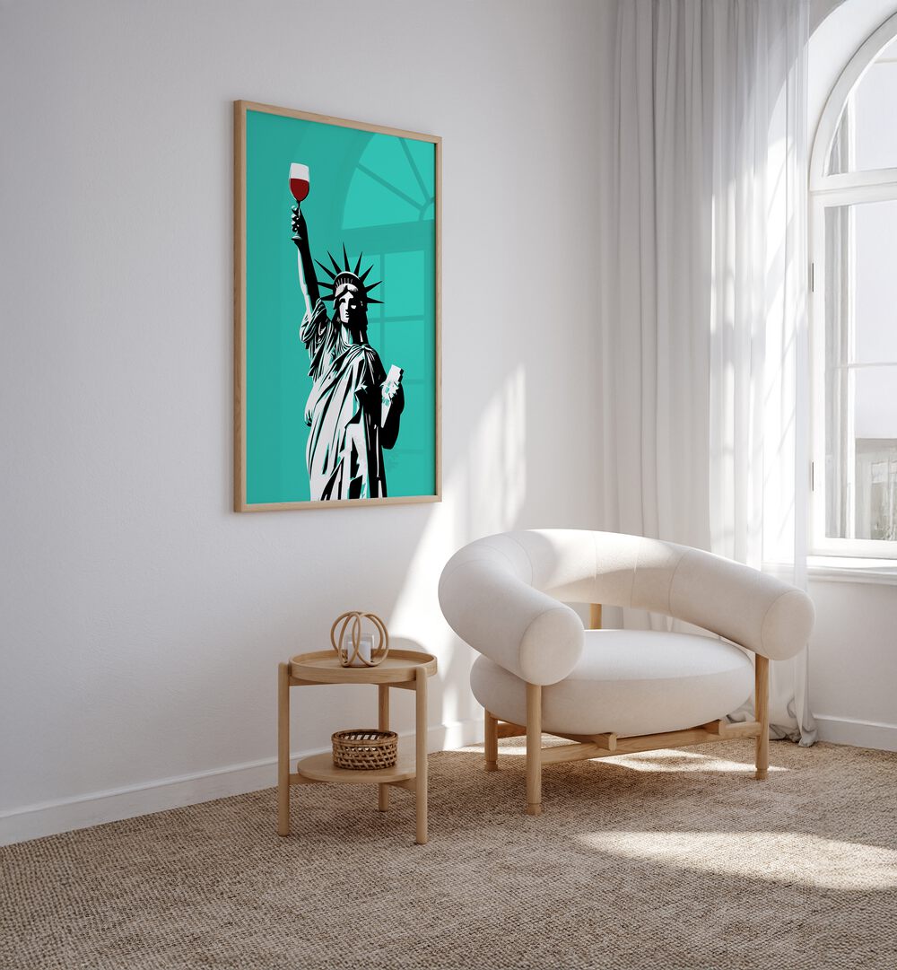 Celebrate the LIBERTY OF WINE with vibrant pop art paintings featuring a statue holding a wine glass.