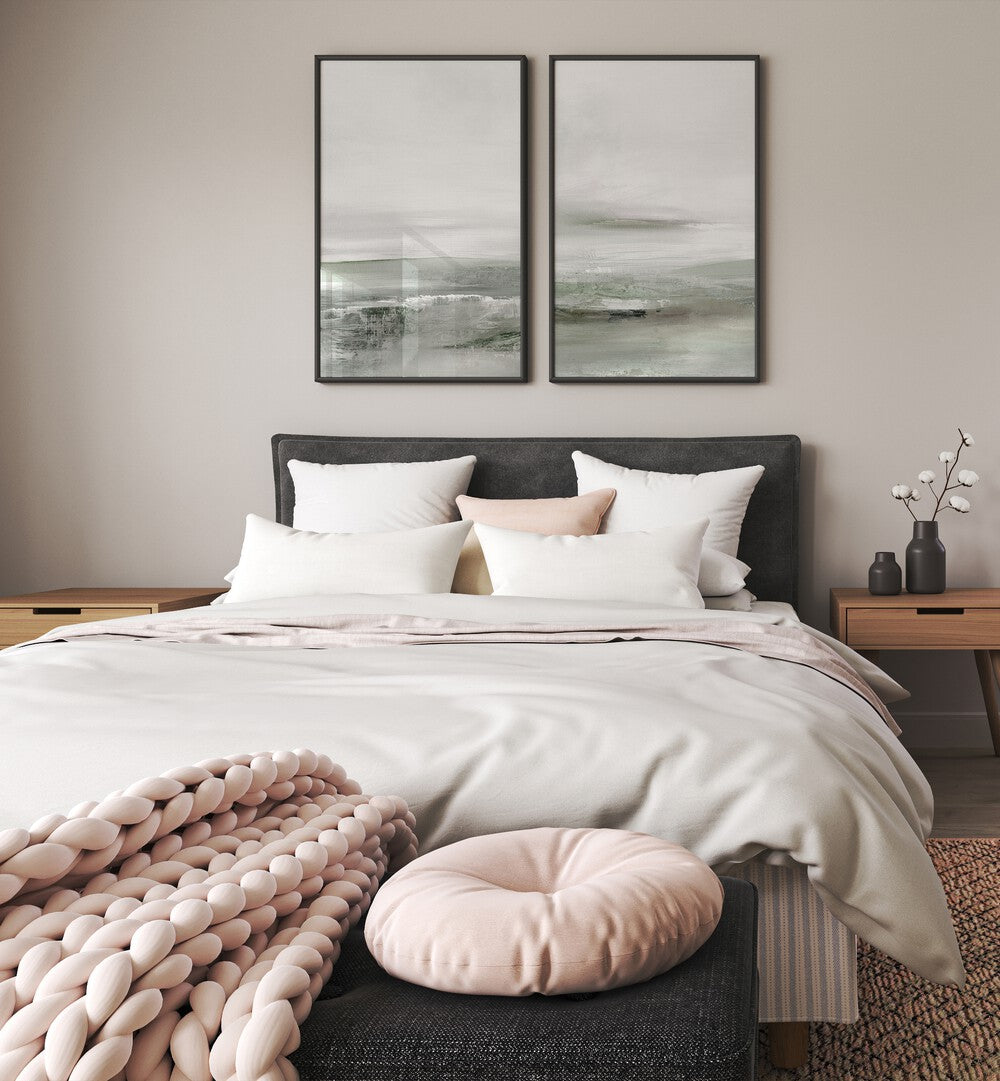 Serene bedroom featuring the LIGHT DAWN SET, SET OF 2 PAINTINGS in soft pastel hues for a calming atmosphere.