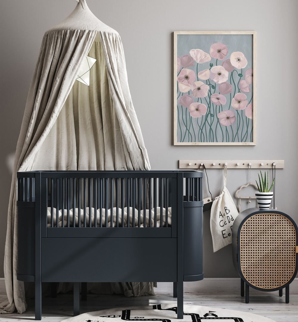 Charming nursery featuring LIGHT POPPIES, FLORAL FLOWER PAINTINGS that add a touch of elegance and warmth.