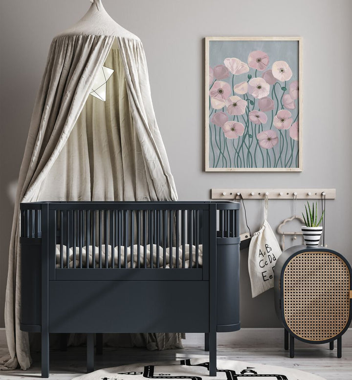 Charming nursery featuring LIGHT POPPIES, FLORAL FLOWER PAINTINGS that add a touch of elegance and warmth.