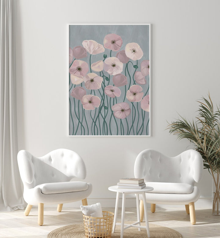Delicate LIGHT POPPIES, FLORAL FLOWER PAINTINGS brighten up modern interiors with soft pink hues and elegant design.
