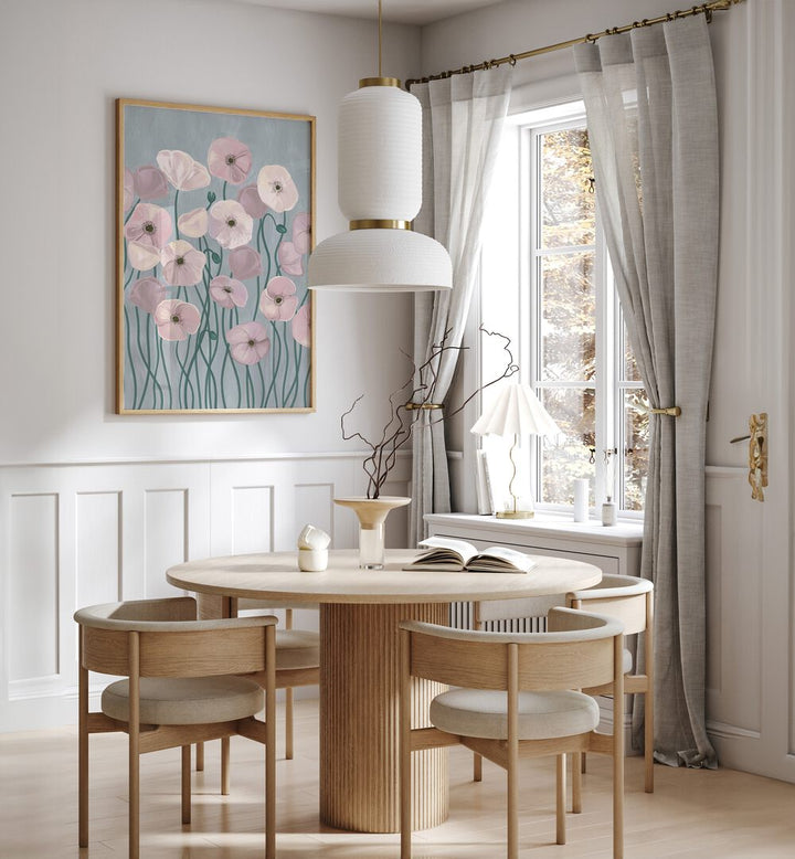 Bright and serene LIGHT POPPIES, FLORAL FLOWER PAINTINGS enhance a modern dining space with elegance.