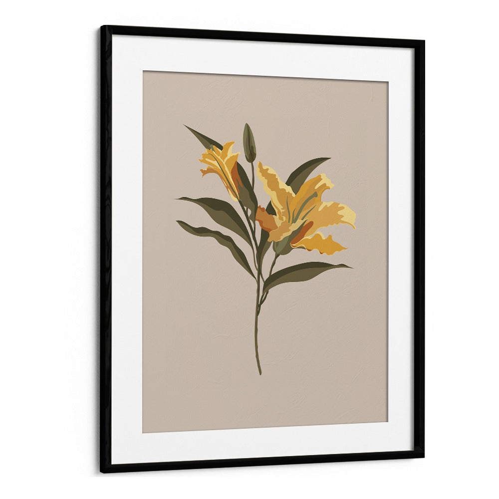 LILY FLOWER BOTANICAL ART PRINTS, FLORAL FLOWER PAINTINGS in a stylish black frame, adding elegance to any space.