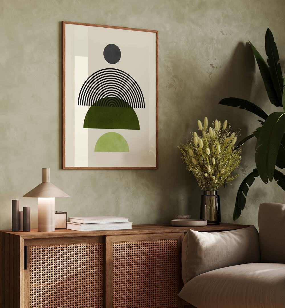 Modern interior featuring LINES AND CIRCLES IV, BOHO ART PAINTINGS, enhancing creativity and artistic expression.