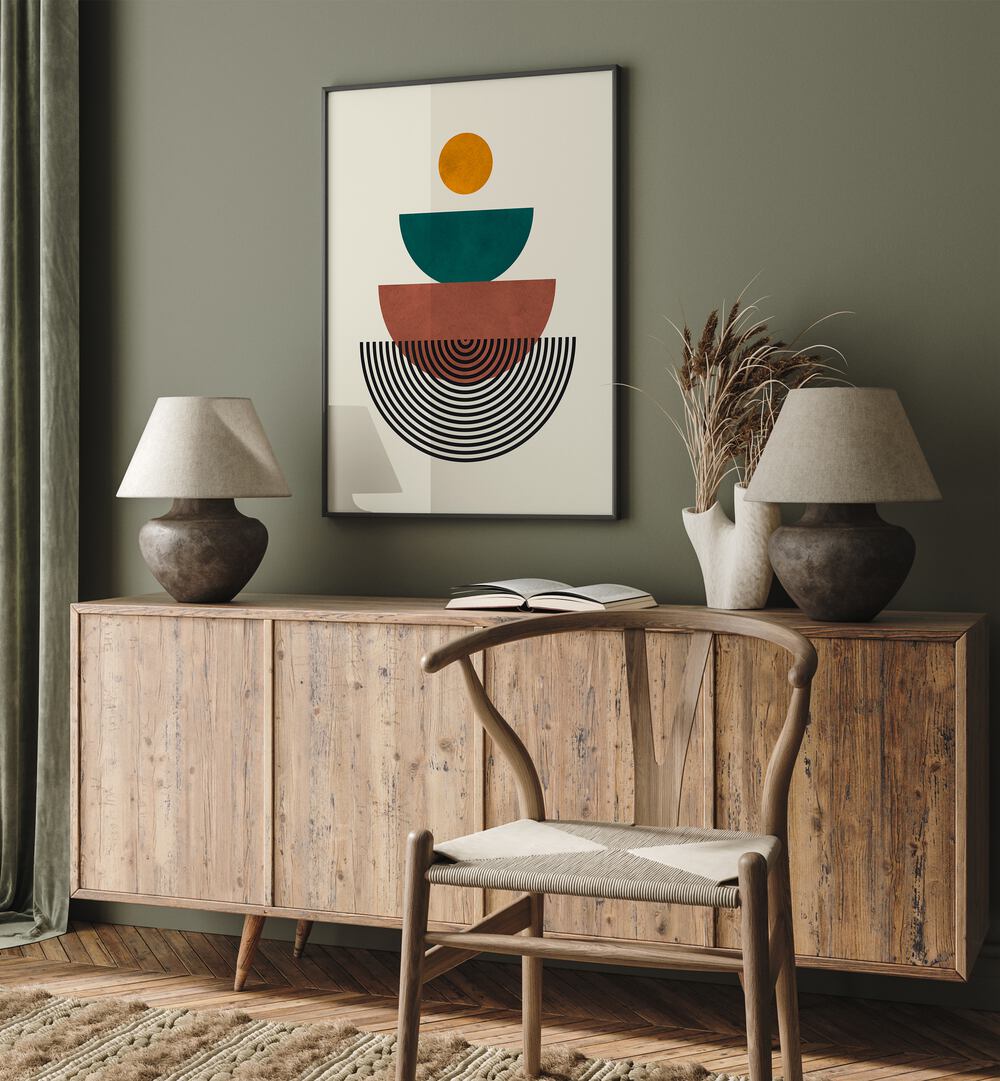 Stylish LINES AND CIRCLES VII, GEOMETRIC ART PRINTS displayed in a modern living room setting, enhancing creativity.
