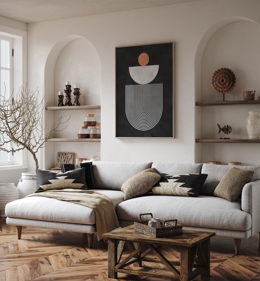 Modern living room with LINES AND CIRCLES VI, GEOMETRIC ART PRINTS enhancing the stylish decor and creativity.
