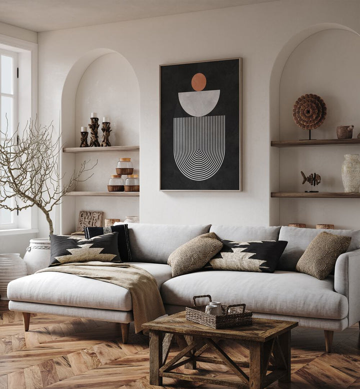Modern living room with LINES AND CIRCLES VI, GEOMETRIC ART PRINTS enhancing the stylish decor and creativity.