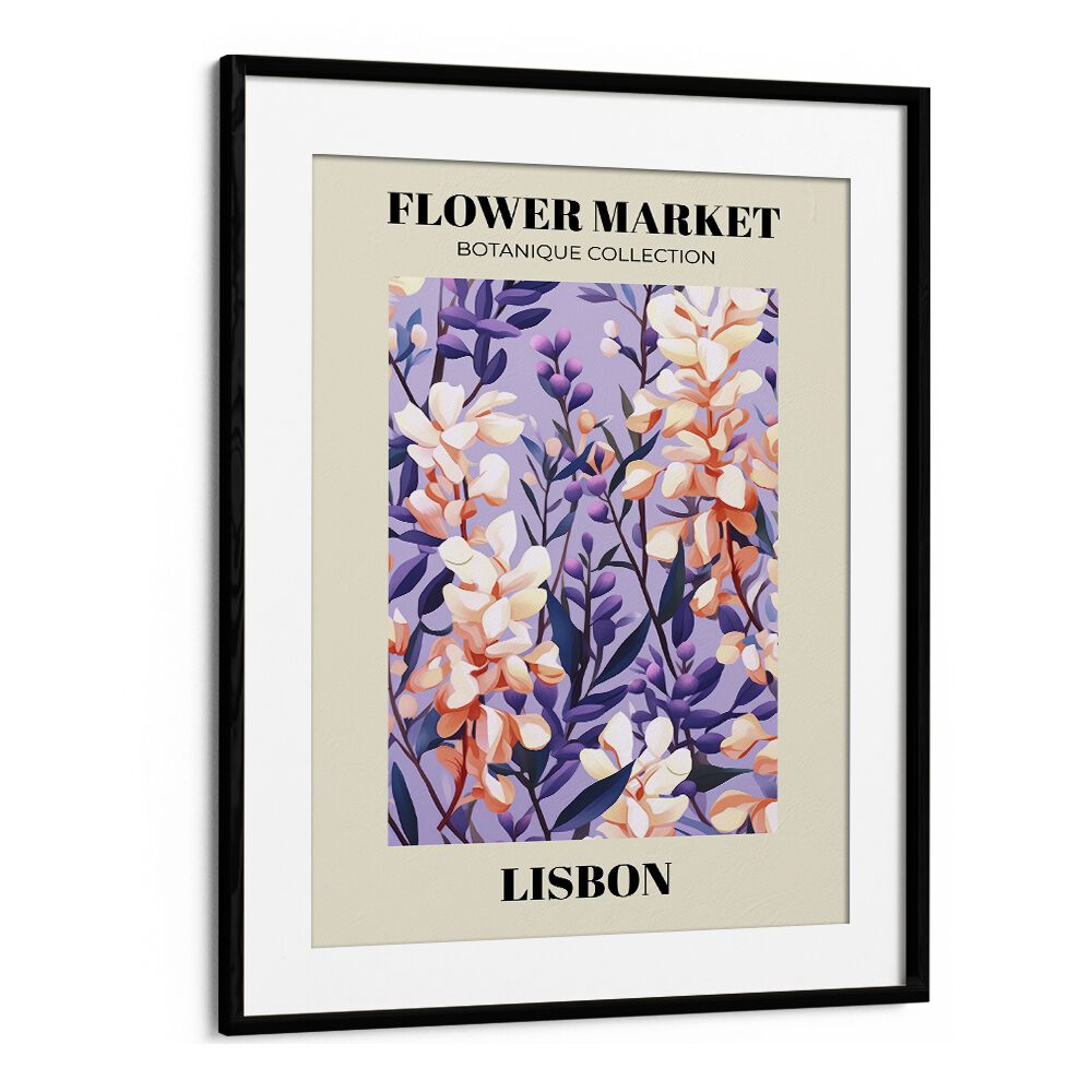 Vibrant LISBON- FLOWER MARKETO, FLORAL FLOWER PAINTINGS in a stylish black frame, showcasing Lisbon's floral charm.